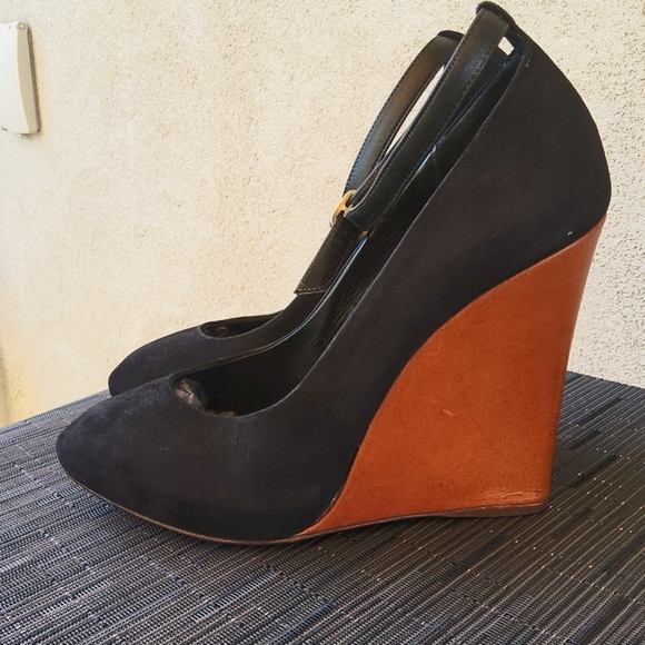 CELINE Black Suede Ankle Strap Wedge Heels - Picture 6 of 11